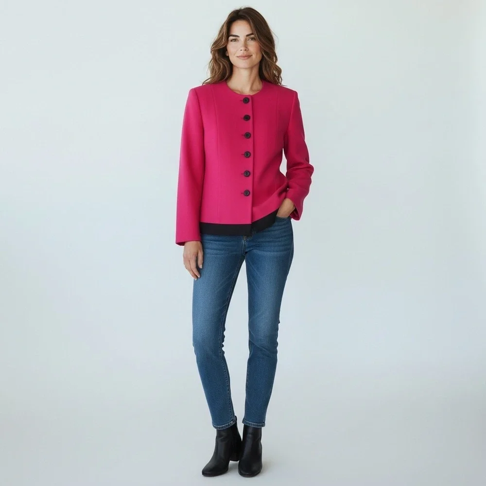 CHRISTIAN DIOR Vintage Button Down Blazer Fuschia & Black Trim Size 10P